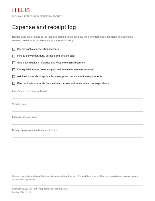 Preview of the expense and receipt log