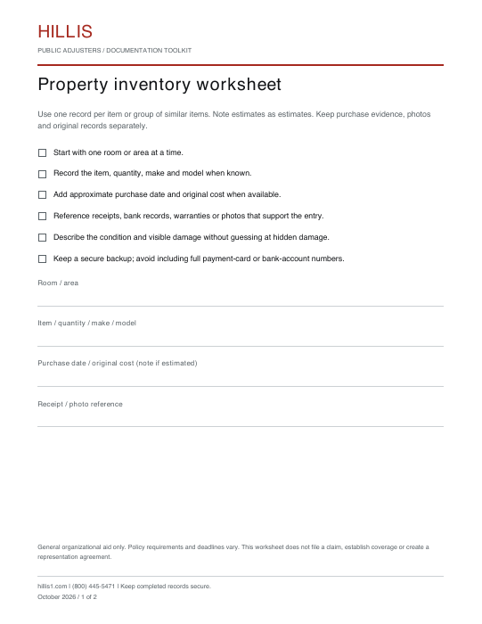 Preview of the property inventory worksheet